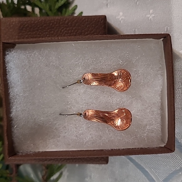 Copper Carved Hummingbird Spoon Earrings - Picture 4 of 4